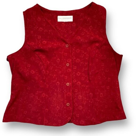 Vintage Sag Harbor Vest Burgundy Red Floral Vneck Embossed Button Up Plus Size - Picture 1 of 8